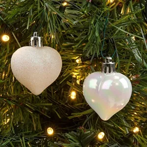 Set Ornamente Craciun Inimi Albe Mat cu Glitter pentru Decorațiuni Magice
