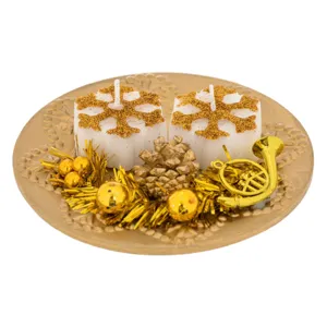 Platou Decorativ Crăciun cu Lumânări Aurii și Fulgi