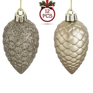 Set Ornamente Craciun Conuri Bej Mat Glitter 12 bucăți