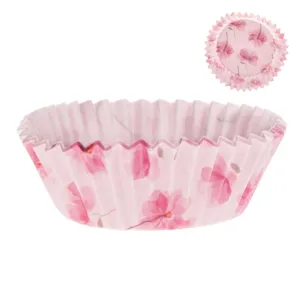 Forme de copt din hârtie pentru brioșe, 100 buc, 10,5 cm, roz, model flori