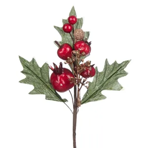 Crenguță Decorativă Berries Rodie cu Frunze Verzi pentru Decorațiuni de Crăciun
