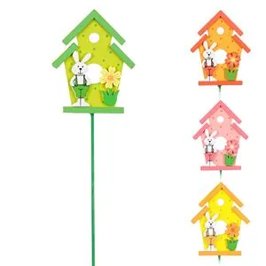 Stick Decorativ din Lemn pentru Ghiveci, Iepuras de Paste cu Casuta, 29 cm, Multicolor