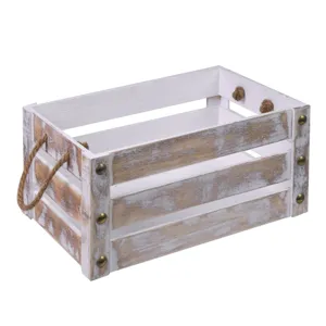 Ladă Decorativă din Lemn Alb Auriu, Organizator pentru Obiecte, cu Mânere Frângh