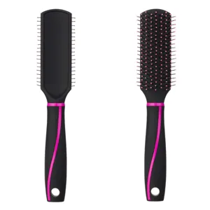 Perie de păr plată neagră cu dungi fucsia din plastic