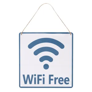 Tablita decorativa metalica cu mesaj WiFi Free, 20x20 cm, albastra si alba