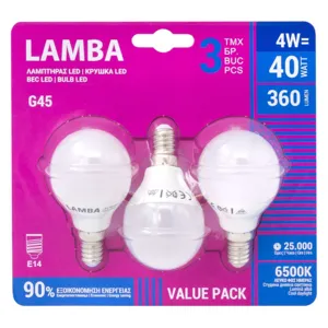 Set 3 becuri LED E14, G45, 4W, lumină albă rece 6500K