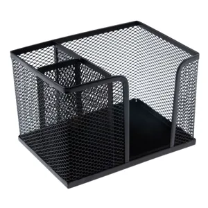 Suport pentru Notițe și Pixuri cu 2 Compartimente din Sârmă Neagră 14.5x10x10cm