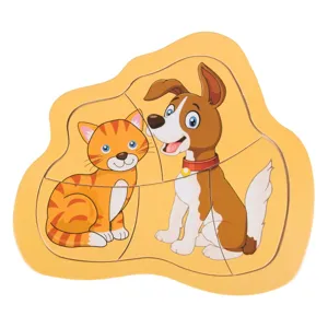 Puzzle din lemn cu pisică și câine, joc educativ pentru copii
