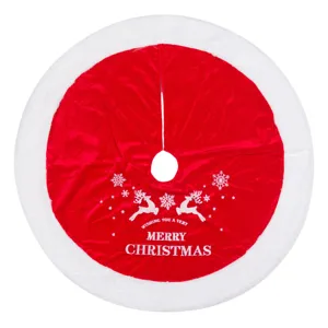 Fusta pentru brad de Craciun, catifelata, rosie, cu imprimeu Merry Christmas si imitatie de blana alba, diametru 90 cm