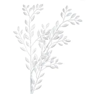Ramură Decorativă Crăciun Frunze Albe cu Glitter 55cm