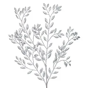 Ramură Decorativă de Crăciun cu Frunze Argintii Glitter 55cm
