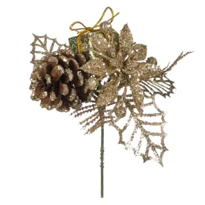Ramură Decorativă Crăciun Bej Sampanie cu Conuri și Glitter