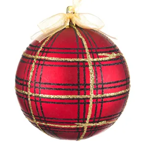 Ornament de Crăciun Glob Carouri Roșu Negru Auriu Diametru 8cm