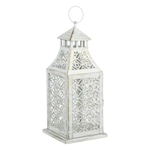 Felinar decorativ metalic suspendat, model perforat, 12.5x12.5x31cm, alb