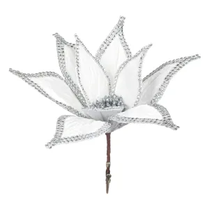Flori Decorative de Crăciun Albe cu Strase Argintii