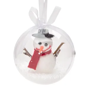 Ornament Brad Crăciun Glob Transparent cu Om de Zăpadă 8 cm Plastic
