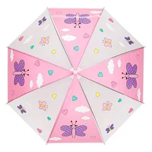 Umbrela de ploaie automata pentru copii, roz cu fluturi si inimioare, 65 cm