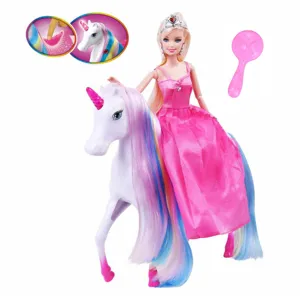 Set Papusa Printesa și Unicorn, Rochie Roz Multicolor cu Lumina