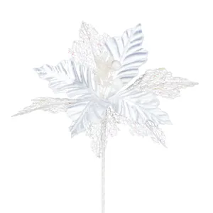 Floare artificială de Crăciun albă catifelată cu glitter și dantelată