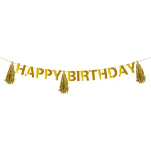 Banner de Petrecere cu Litere Aurii Happy Birthday, 3m