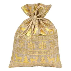 Pungă de in cu imprimeu de reni și fulgi de nea, 19x14 cm, bej