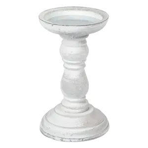 Vas decorativ din lemn alb pentru lumanare cu gat sculptat