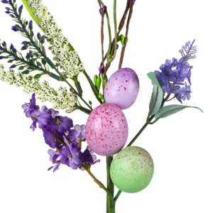 Crenguță decorativă de Paște cu ouă colorate și flori de lavandă, 43 cm