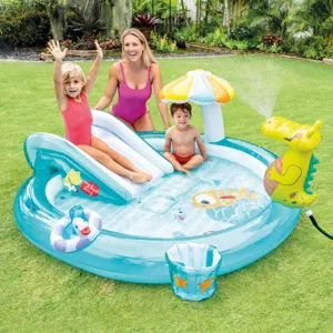 Piscina gonflabila cu tobogan si jet de apa pentru copii, 2.01 x 1.70 x 0.84 m, Albastra