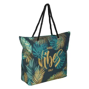 Geantă de plajă verde cu model tropical și folie aurie, 32x22 cm