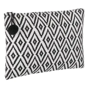Geanta Alba Neagra Model Aztec Pompon Negru pentru Plaja 42x15x43cm