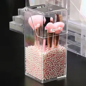 Suport Acrilic Transparent pentru Pensule de Machiaj cu Capac