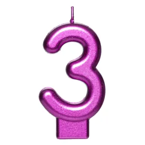 Lumanare cifra 3 fucsia metalizat pentru tort de zi de naștere