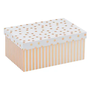 Cutie decorativă din carton cu capac, 4.32L, albă cu dungi și buline aurii
