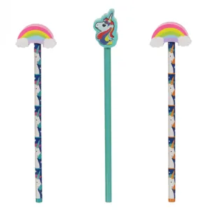 Creioane cu radiera topper curcubeu si unicorn, Set 3 buc, Multicolor