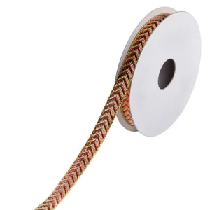 Panglică pentru brad de Crăciun, Roșie cu model auriu, 5m x 9mm