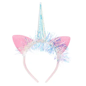 Bentita Unicorn cu Corn Holografic, Urechi Roz și Panglica Tinsel