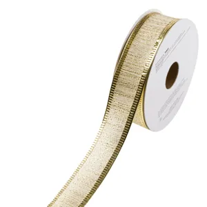 Panglică decorativă pentru brad, 5m x 22mm, Ecru cu fir auriu