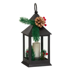 Felinar Decorativ Crăciun LED Negru cu Lumânare din Plastic