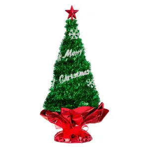 Brad decorativ de Crăciun verde tinsel cu stele argintii 26cm