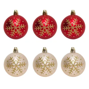 Set Globuri Crăciun Rosii Bej cu Fulgi Glitter 6cm