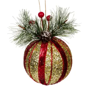 Ornament Crăciun Glob din Spumă cu Glitter și Ramură de Pin Roșu-Auriu 8 cm