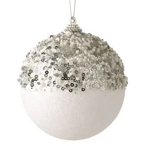 Ornament Brad de Crăciun Glob Alb cu Paiete Argintii din Spumă