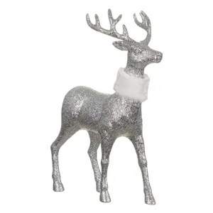 Figurina Decorativă de Crăciun Ren Glitter Argintiu și Blană Albă 27cm