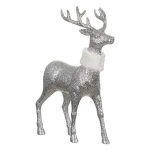 Figurina Decorativă Ren de Crăciun cu Glitter Argintiu și Blană Albă 44cm