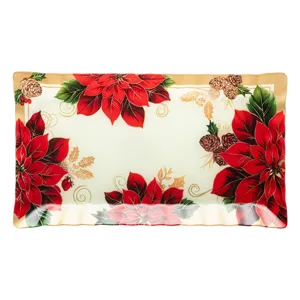 Platou Crăciun Sticlă Crăciunițe și Vâsc Ecru Roșu 42x24cm