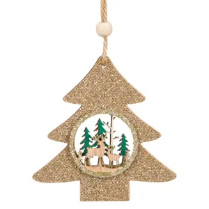 Ornament de Crăciun din Lemn Brad Glitter 9 cm