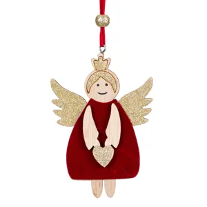 Ornament Crăciun Înger din Lemn Roșu Catifelat cu Glitter