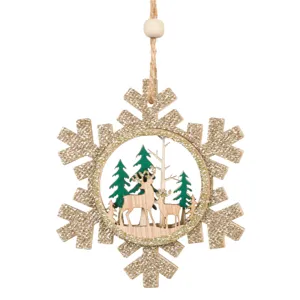 Ornament Fulg de Zăpadă din Lemn cu Glitter Bej, Design Rustic pentru Crăciun