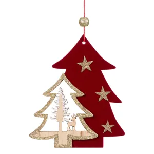 Ornament de Crăciun din Lemn Brad Roșu Catifelat cu Glitter