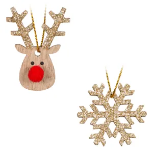 Ornamente de lemn Brad de Crăciun Fulgi Cerbi Glitter Bej Set 8 Bucăți